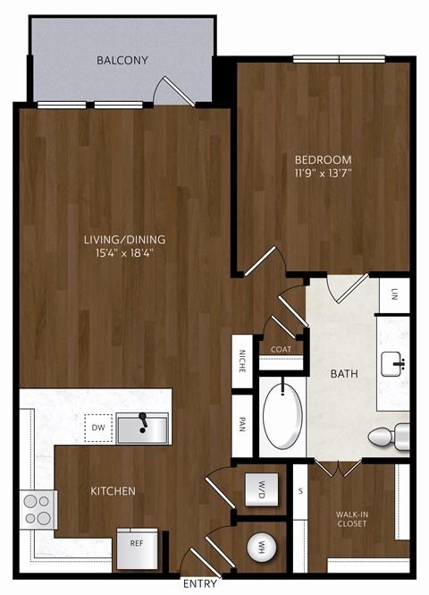 Floor plan for 1 bed, 1 bath, 807 sqft